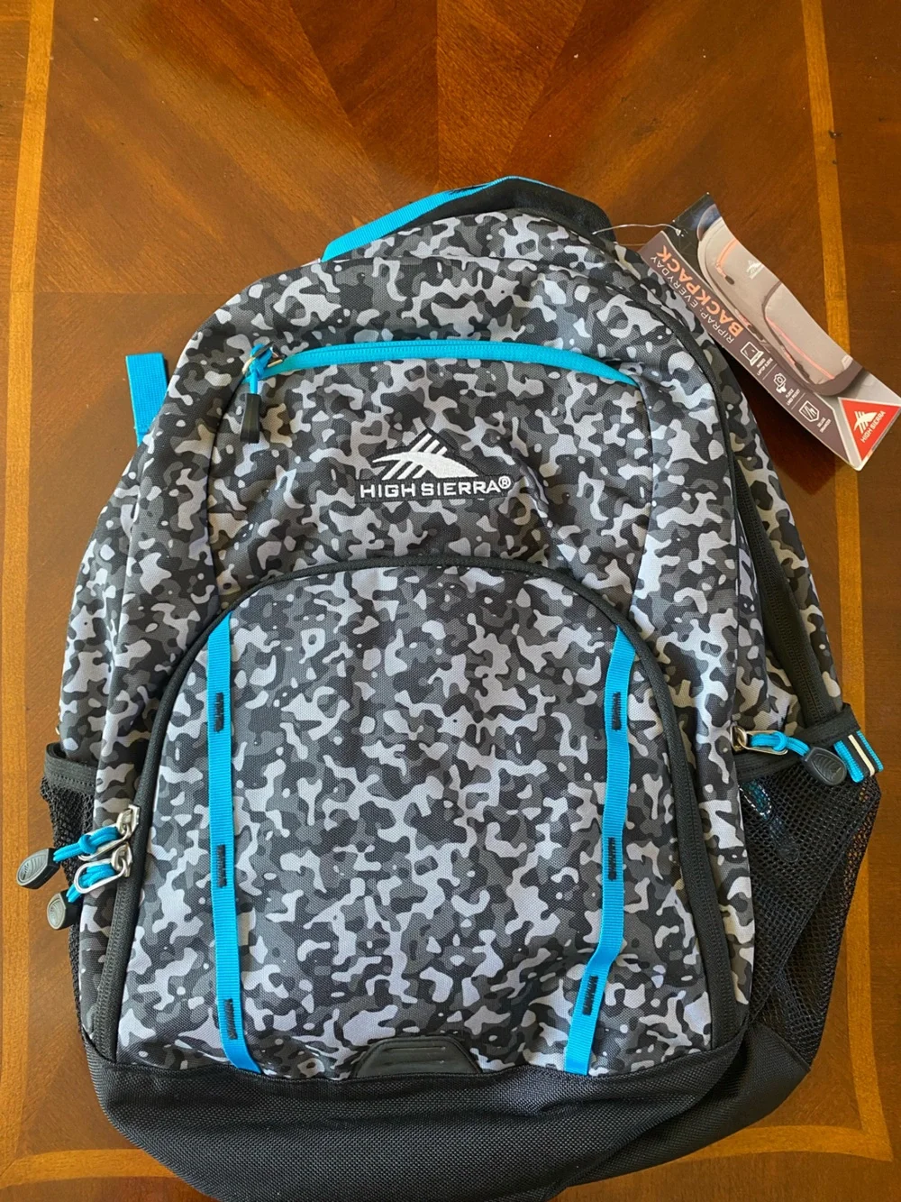 High Sierra Men’s Gray Camo Backpack with Blue Trim